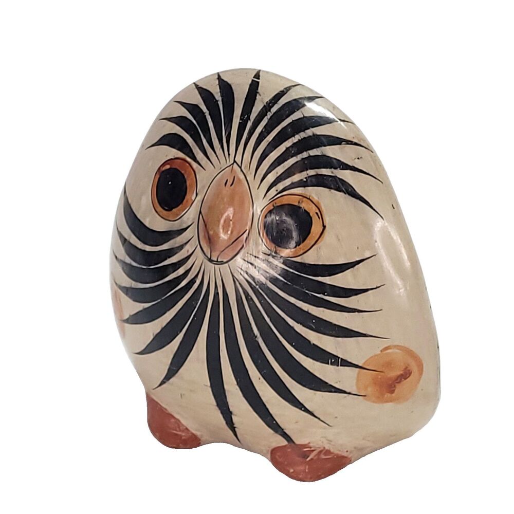 Tonala Pottery owl Figure Mexico 5" folk art white deer scene hand painted